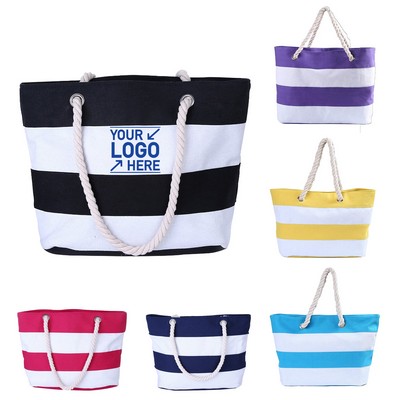 Rope Handle Canvas Tote Bag w/Stripes
